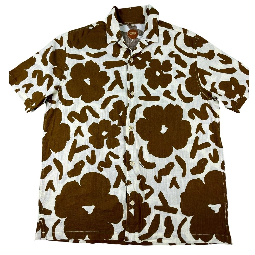 Common People Shirt Mens M Brown White Floral Abstract Cotton Camp Collar